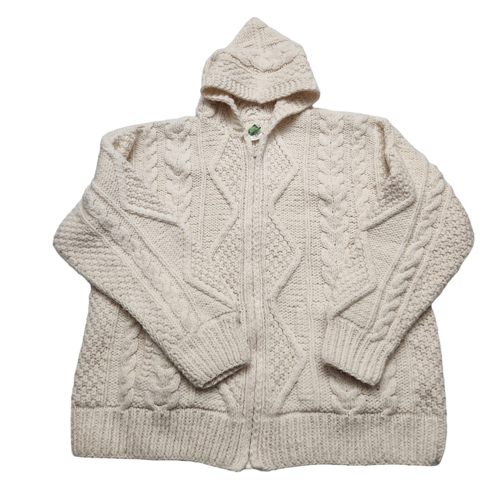 Womens Idian Arts Cable Knit Wool Hooded Fisherman Zip Up Sweater  Size Large